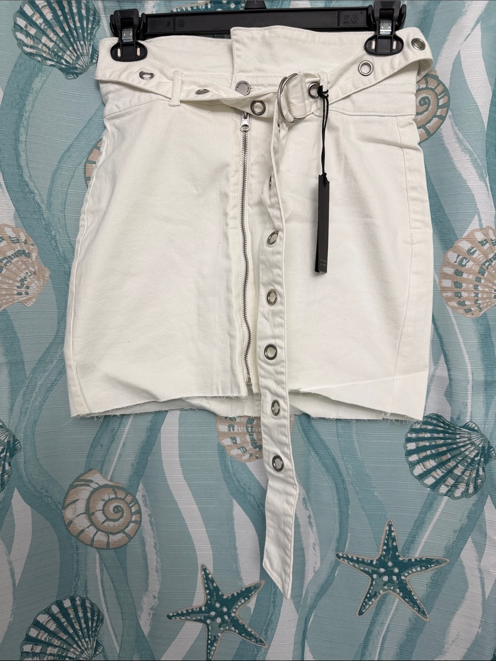 Black Label Ivory Button-Front Paperbag Mini Skirt with Self-Tie